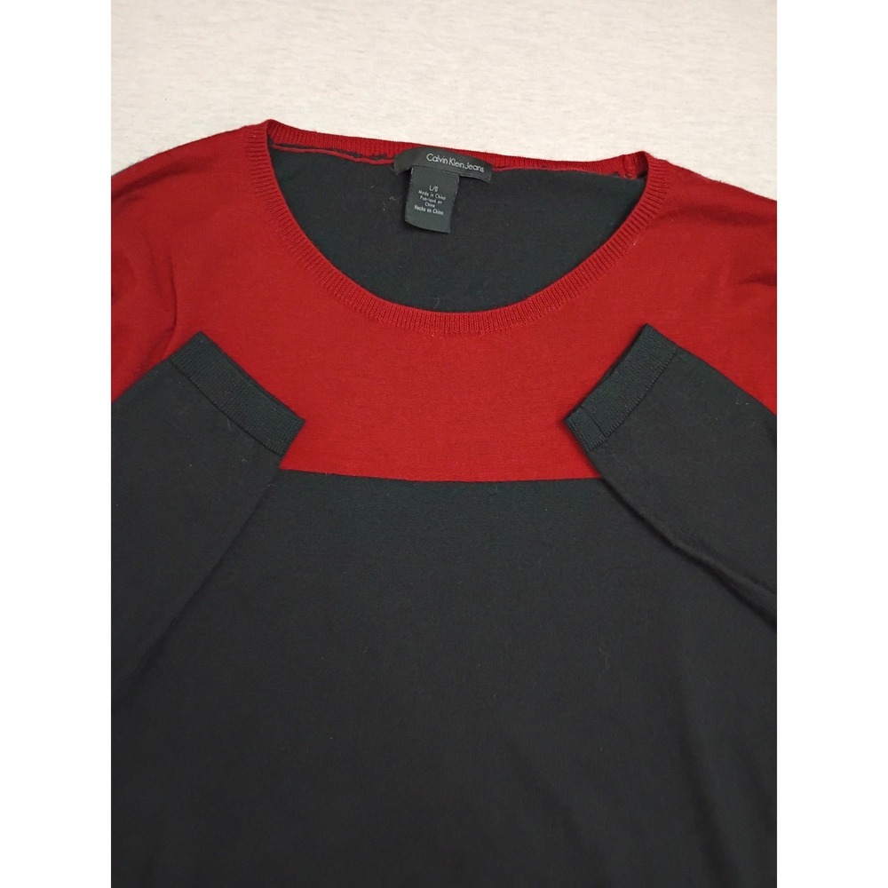 Calvin Klein Jeans Mens Red Black Colorblock Merino Wool Blend Sweater Large